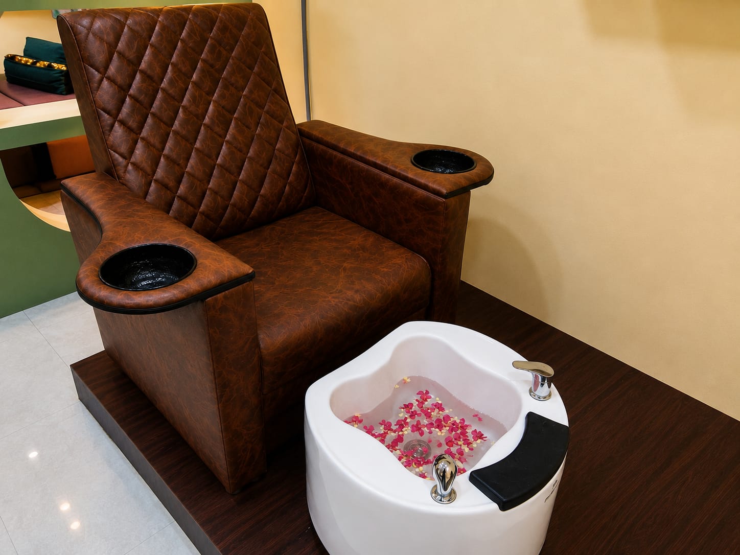 Pedicure chair with rose petal foot bath
